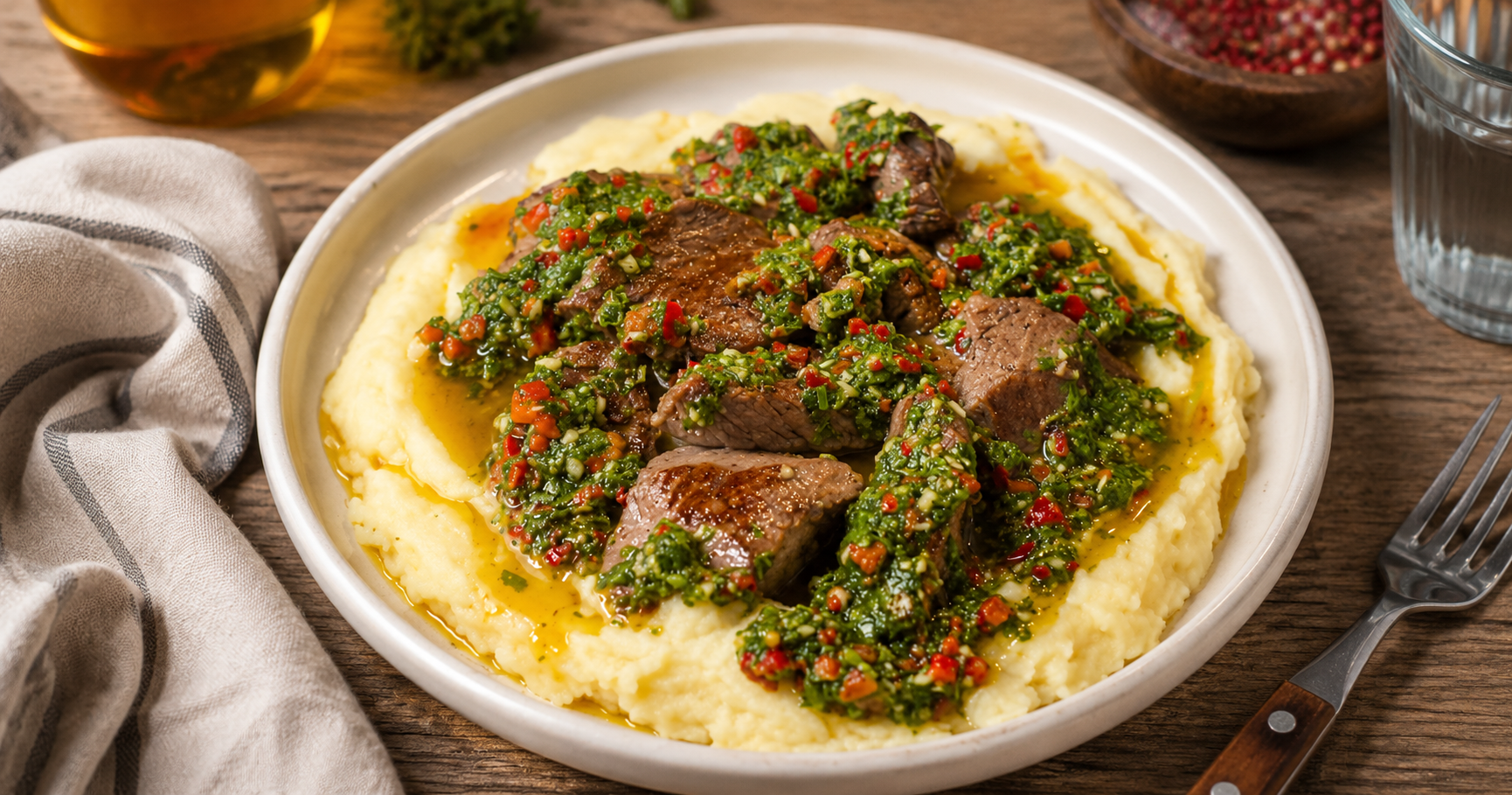 Zarte Rindersteak-Würfel mit Chimichurri und cremigem Kartoffelpüree – Ein aromatisches Hauptgericht wie aus dem Restaurant