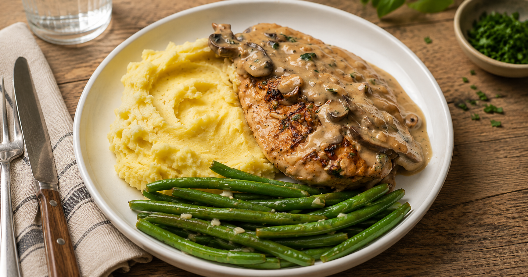 Hähnchen in cremiger Pilzrahmsauce mit Kartoffelpüree und Knoblauch-Bohnen – Ein herzhaftes Wohlfühlgericht für die ganze Familie