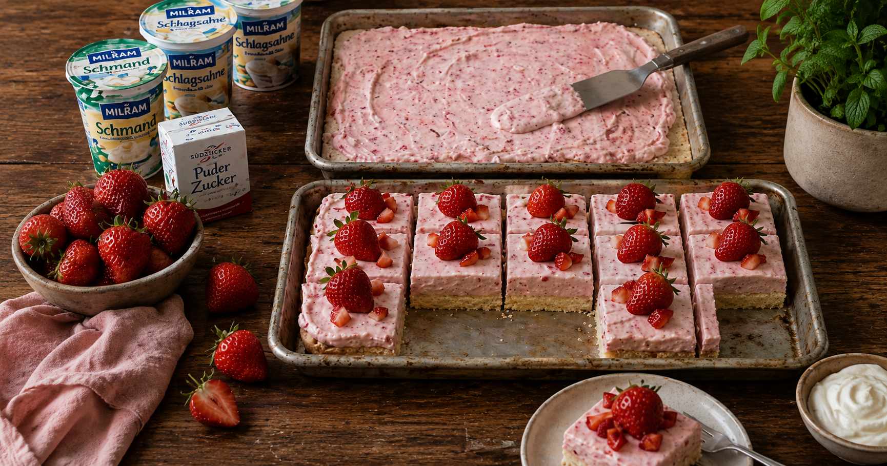Erdbeer-Schmand-Schnitten – Cremiger Blechkuchen mit frischen Erdbeeren