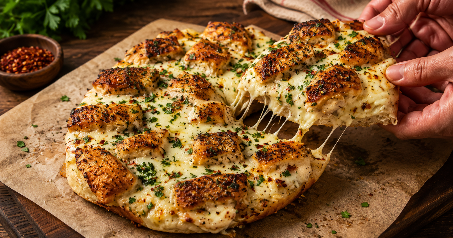 Überbackenes Knoblauchbrot mit Hähnchen und Alfredo-Sauce – Cremig, herzhaft und herrlich käsig