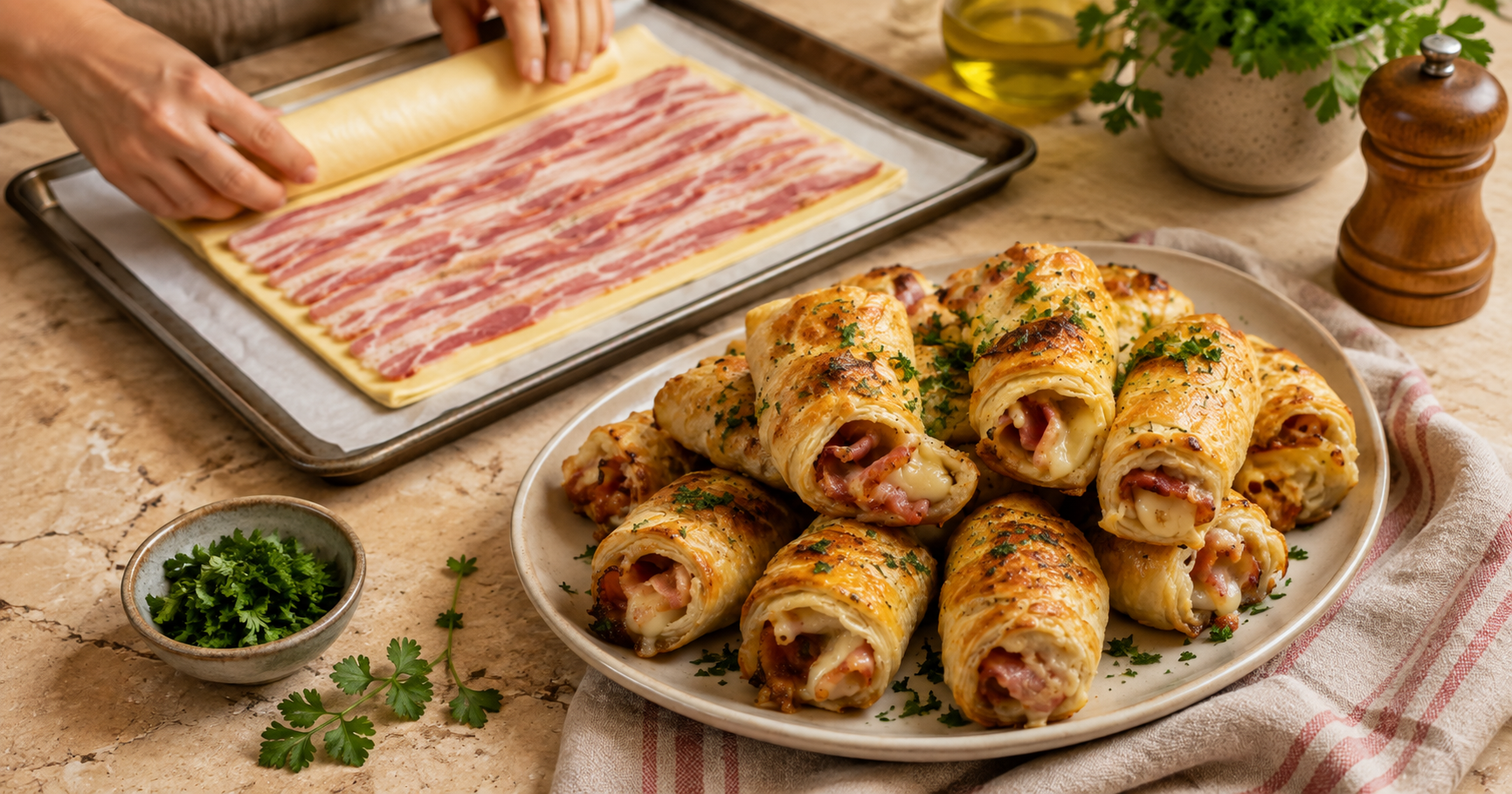 Knusprige Blätterteig-Röllchen mit Käse und Speck – einfach, herzhaft und unwiderstehlich
