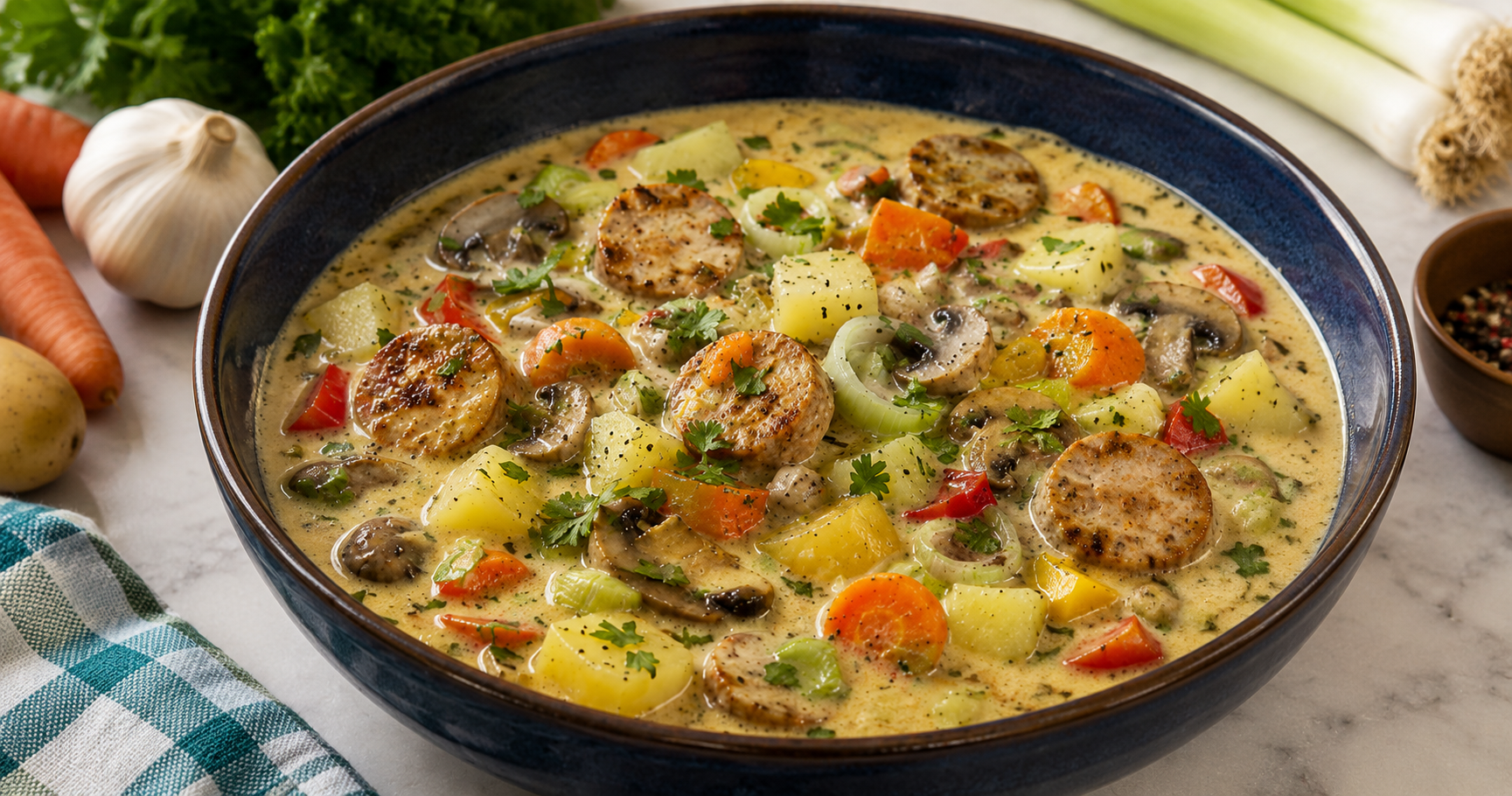 Cremige Bauern-Suppe mit Bratwurst und Kartoffeln – herzhaft, sättigend und einfach