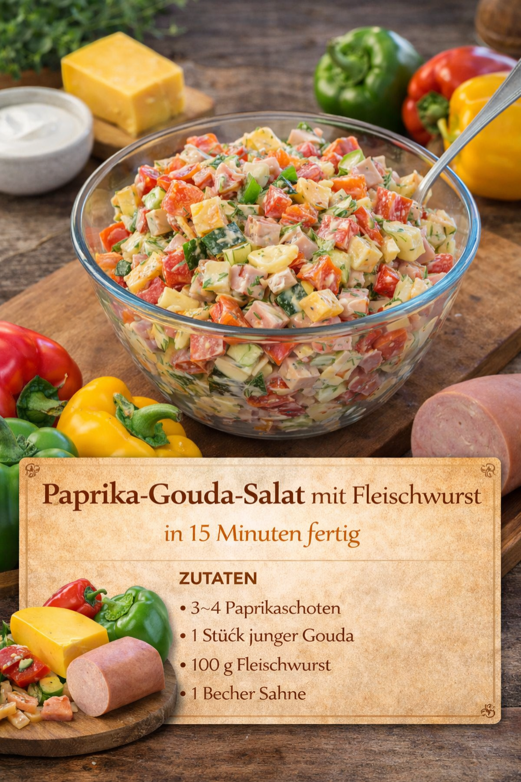 Dieser Paprika-Gouda-Salat steht in 15 Minuten auf dem Tisch – cremig & herzhaft