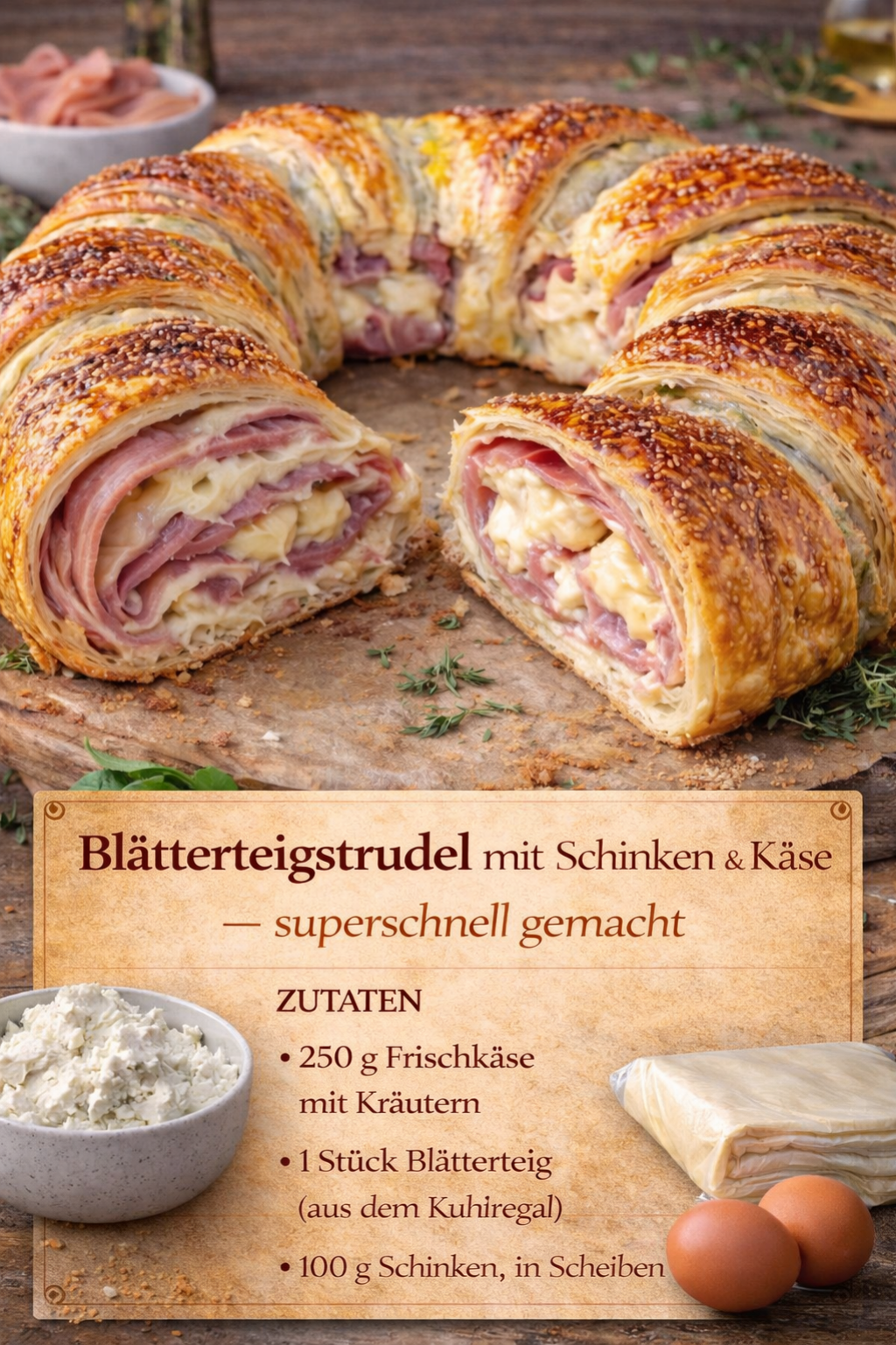 Dieser gefüllte Blätterteigstrudel ist in 10 Minuten vorbereitet – herzhaft & unwiderstehlich