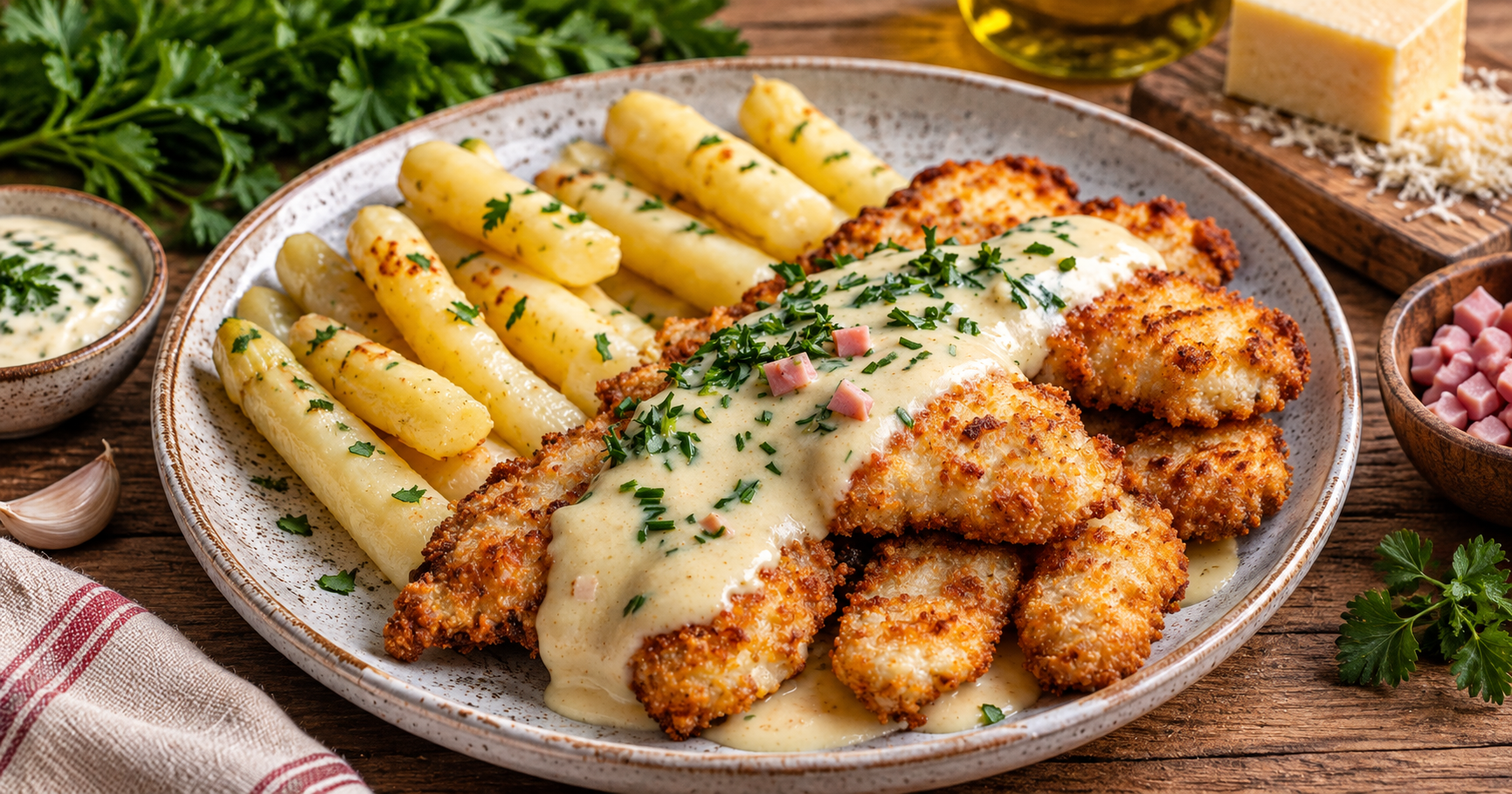 Ofenspargel mit Hähnchenschnitzel & Schwarzwälder Sahnesoße – cremig, knusprig & ein echtes Festessen